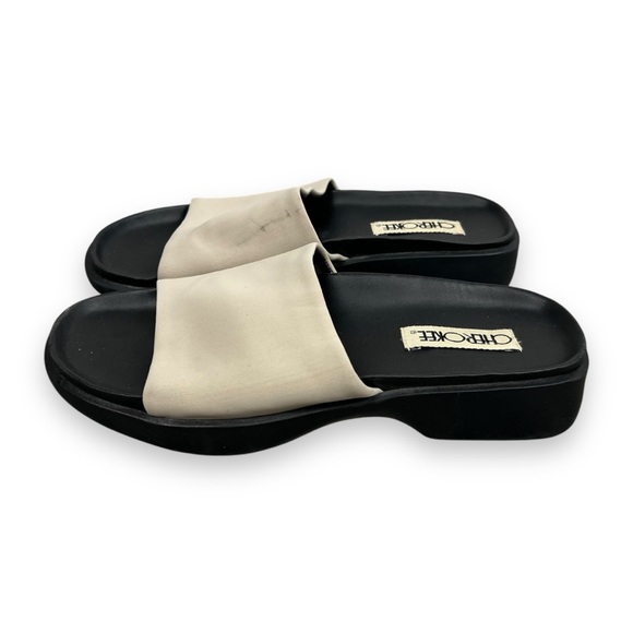 Vtg 90s Y2K Platform Wedge Slip Ons Slinky Tan Slides Minimalist Sz 8.5 - Picture 1 of 4